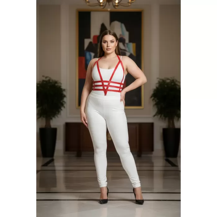 Büyük Beden Kırmızı Kadın Harness Takım Ayarlanabilir Deri Vücut Aksesuarı - APFT237