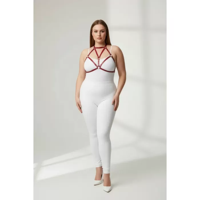 Büyük Beden Kırmızı Kadın Deri Harness Takım Halka Detaylı Şık Vücut Aksesuarı - APFT244