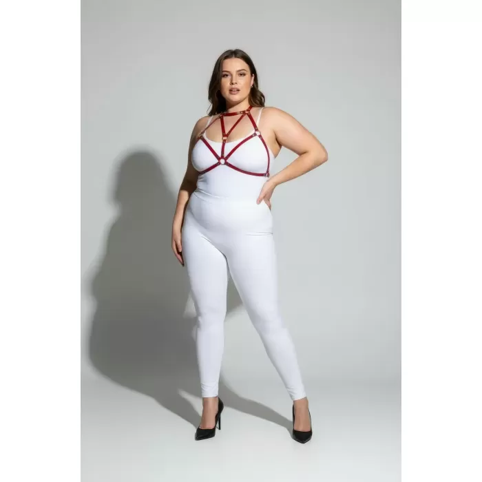 Büyük Beden Kırmızı Kadın Deri Harness Takım Halka Detaylı Şık Vücut Aksesuarı - APFT244