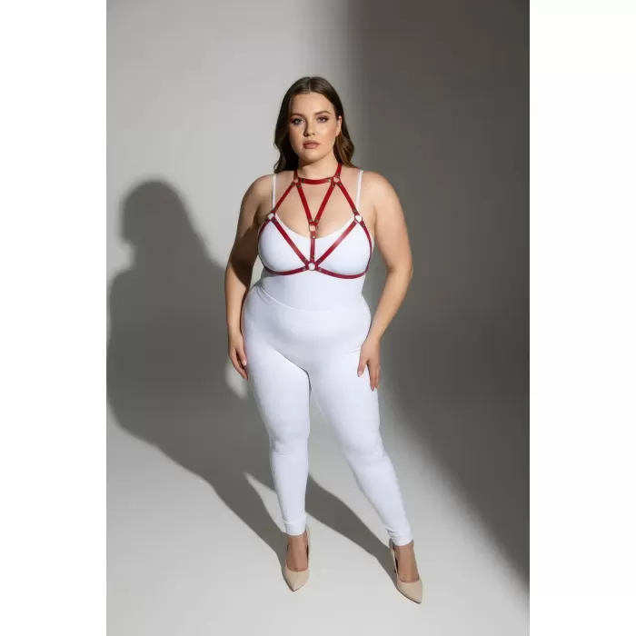 Büyük Beden Kırmızı Kadın Deri Harness Takım Halka Detaylı Şık Vücut Aksesuarı - APFT244