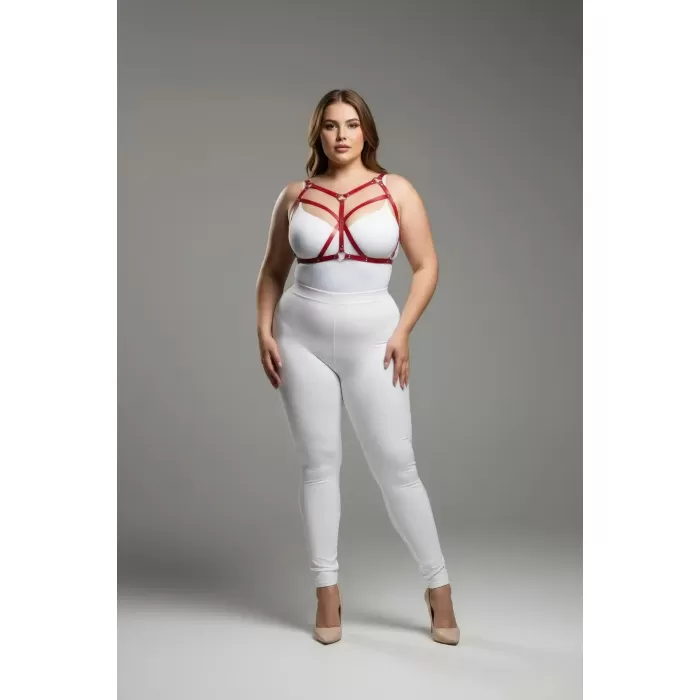 Büyük Beden Kırmızı Kadın Deri Harness Takım Çapraz Askılı Estetik Vücut Aksesuarı - APFT247