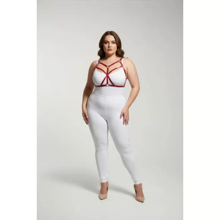 Büyük Beden Kırmızı Kadın Deri Harness Takım Çapraz Askılı Estetik Vücut Aksesuarı - APFT247