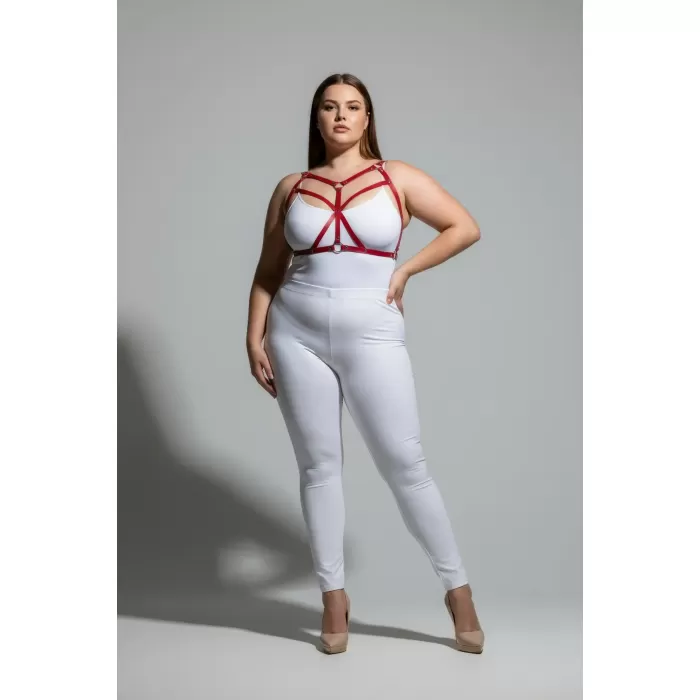 Büyük Beden Kırmızı Kadın Deri Harness Takım Çapraz Askılı Estetik Vücut Aksesuarı - APFT247