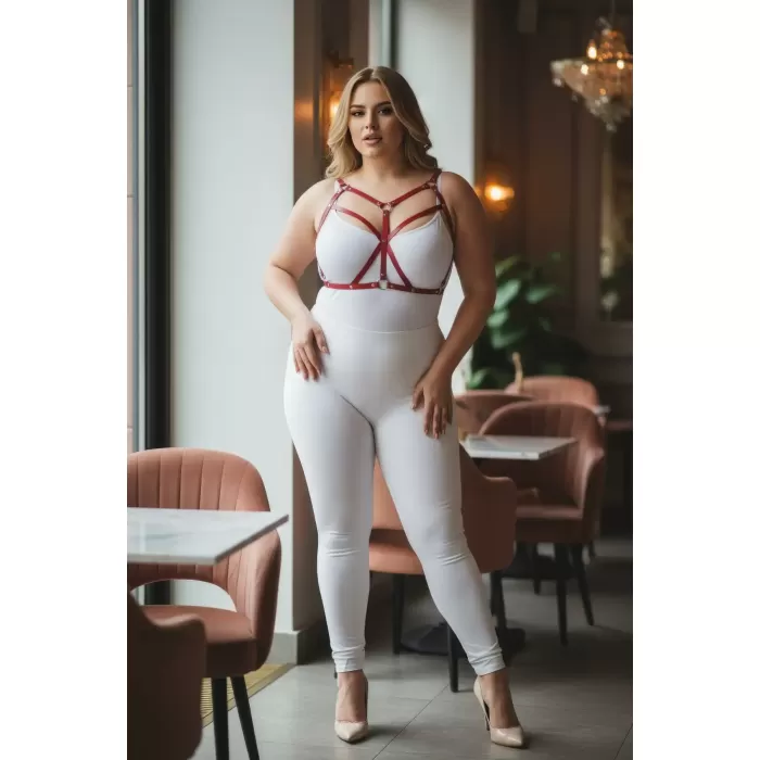 Büyük Beden Kırmızı Kadın Deri Harness Takım Çapraz Askılı Estetik Vücut Aksesuarı - APFT247