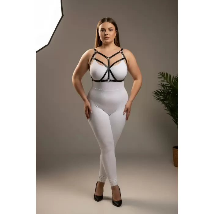 Büyük Beden Siyah Kadın Harness Takım Çapraz Detaylı Deri Büstiyer Aksesuarı - APFT247