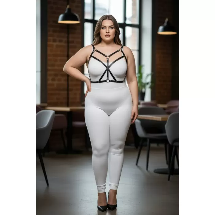 Büyük Beden Siyah Kadın Harness Takım Çapraz Detaylı Deri Büstiyer Aksesuarı - APFT247
