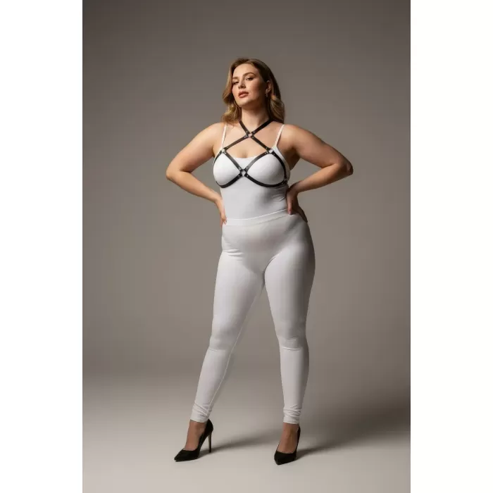 Büyük Beden Siyah Kadın Harness Halka Detaylı Deri Göğüs Aksesuarı - APFT263