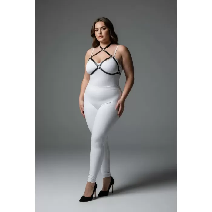 Büyük Beden Siyah Kadın Harness Halka Detaylı Deri Göğüs Aksesuarı - APFT263