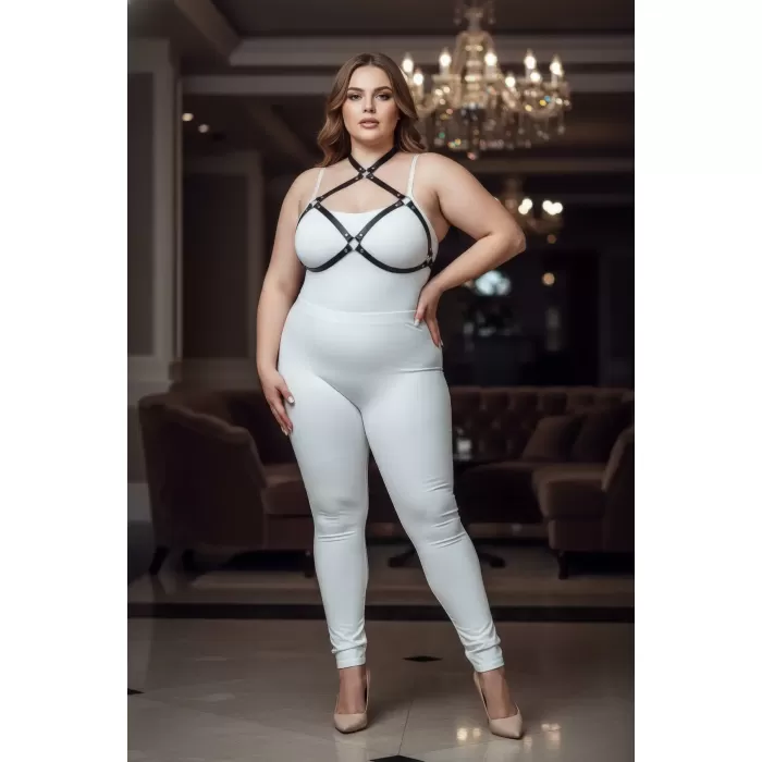 Büyük Beden Siyah Kadın Harness Halka Detaylı Deri Göğüs Aksesuarı - APFT263