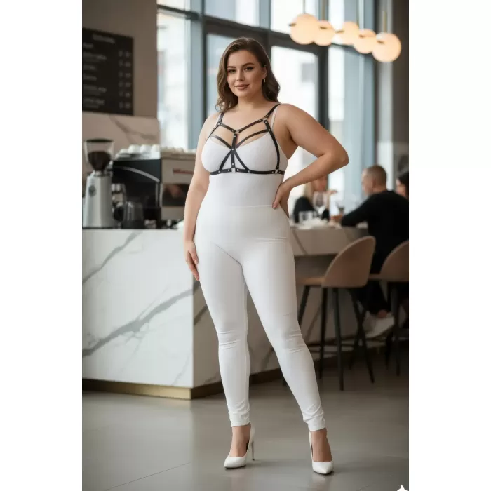 Büyük Beden Siyah Kadın Deri Harness Takım Fantezi Giyim Halka Detaylı - APFT265