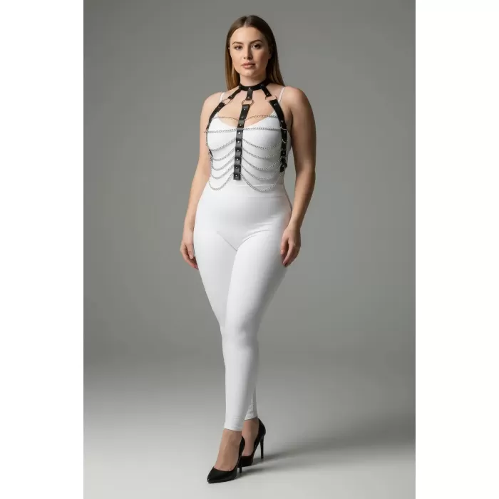 Büyük Beden Siyah Kadın Zincir Detaylı Deri Harness Takım Fantezi Aksesuar - APFT304