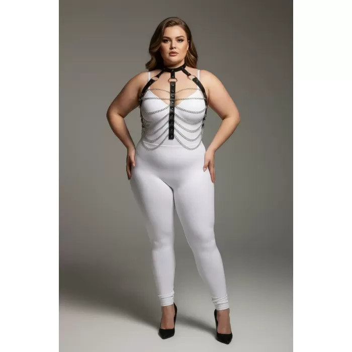 Büyük Beden Siyah Kadın Zincir Detaylı Deri Harness Takım Fantezi Aksesuar - APFT304