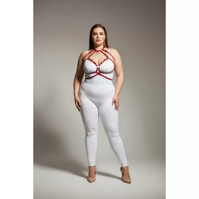 Büyük Beden Kırmızı Kadın Deri Harness Takım Halka Detaylı Göğüs Aksesuarı - APFT330