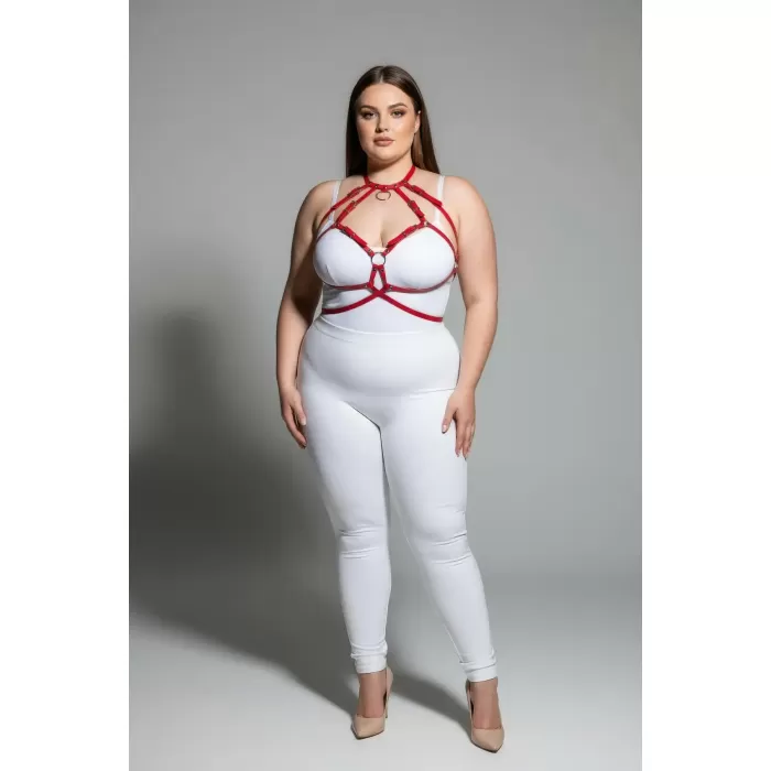 Büyük Beden Kırmızı Kadın Deri Harness Takım Halka Detaylı Göğüs Aksesuarı - APFT330