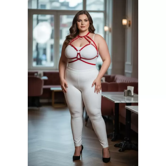 Büyük Beden Kırmızı Kadın Deri Harness Takım Halka Detaylı Göğüs Aksesuarı - APFT330