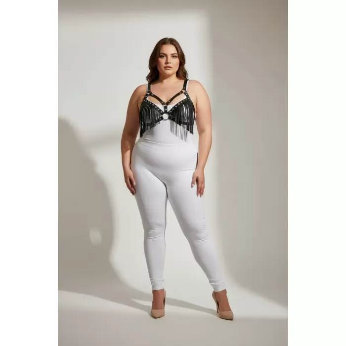 Büyük Beden Siyah Kadın Harness Takım Püskül Detaylı Deri Sütyen Aksesuarı - APFT418