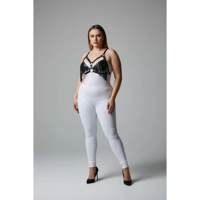 Büyük Beden Siyah Kadın Harness Takım Püskül Detaylı Deri Sütyen Aksesuarı - APFT418