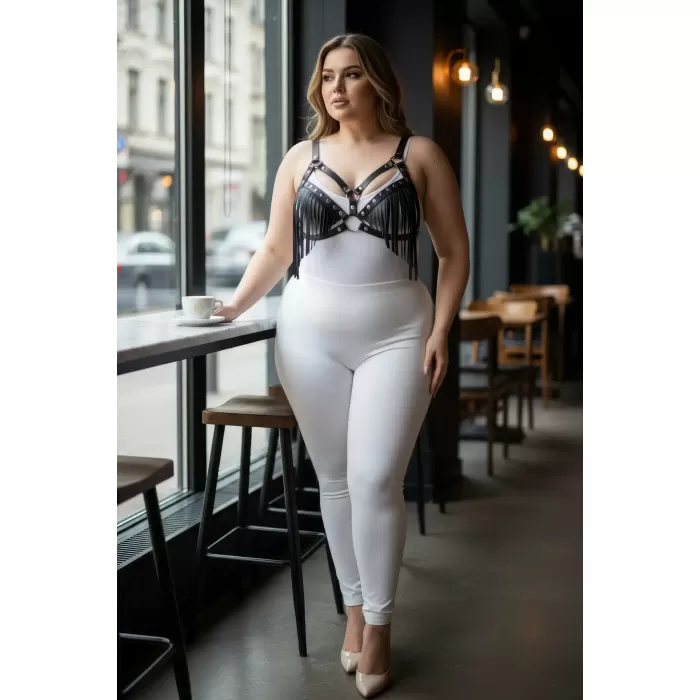 Büyük Beden Siyah Kadın Harness Takım Püskül Detaylı Deri Sütyen Aksesuarı - APFT418