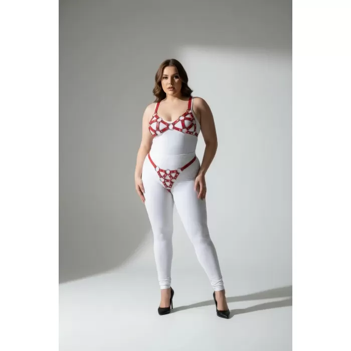 Büyük Beden Kırmızı Kadın Deri Harness Takım Seksi Halka Detaylı - APFT422