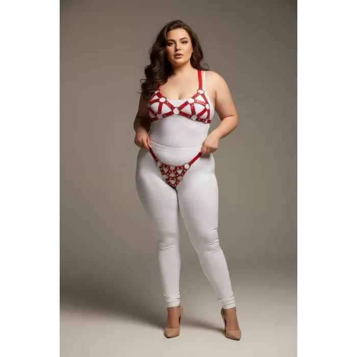 Büyük Beden Kırmızı Kadın Deri Harness Takım Seksi Halka Detaylı - APFT422