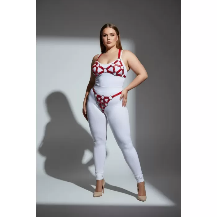 Büyük Beden Kırmızı Kadın Deri Harness Takım Seksi Halka Detaylı - APFT422