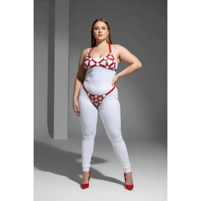 Büyük Beden Kırmızı Kadın Deri Harness Takım Seksi Halka Detaylı - APFT422