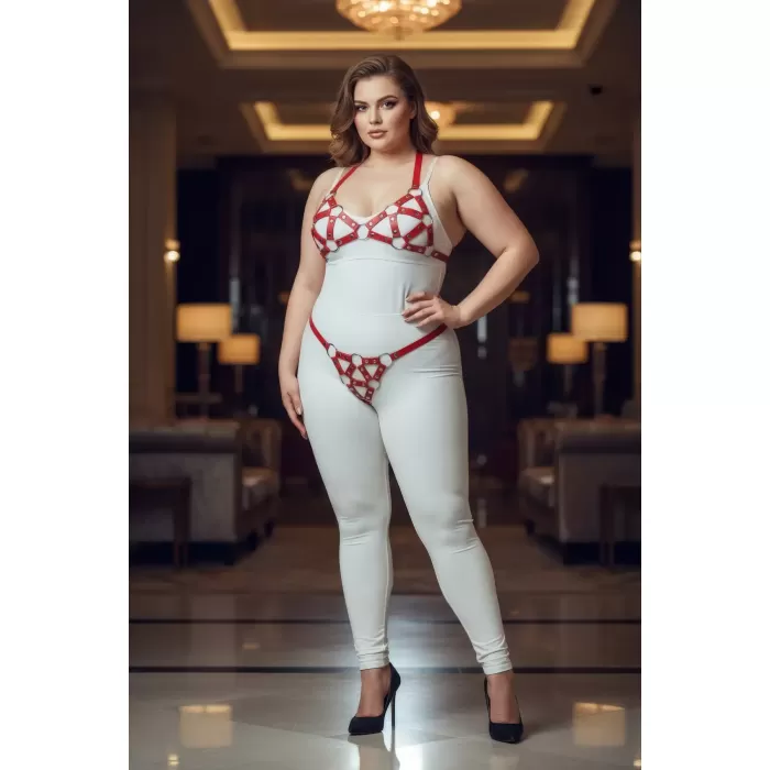 Büyük Beden Kırmızı Kadın Deri Harness Takım Seksi Halka Detaylı - APFT422