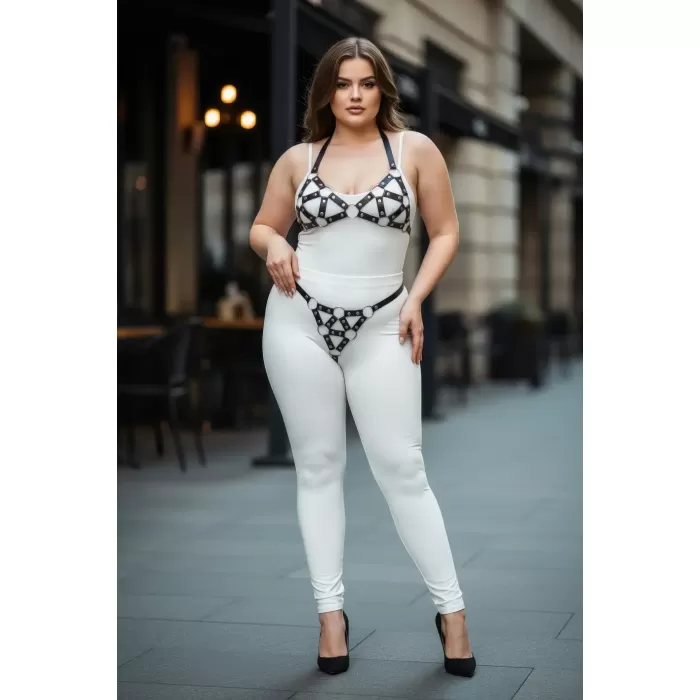 Büyük Beden Siyah Kadın Harness Takım Halka Detaylı Seksi Deri Fantezi Aksesuar - APFT422