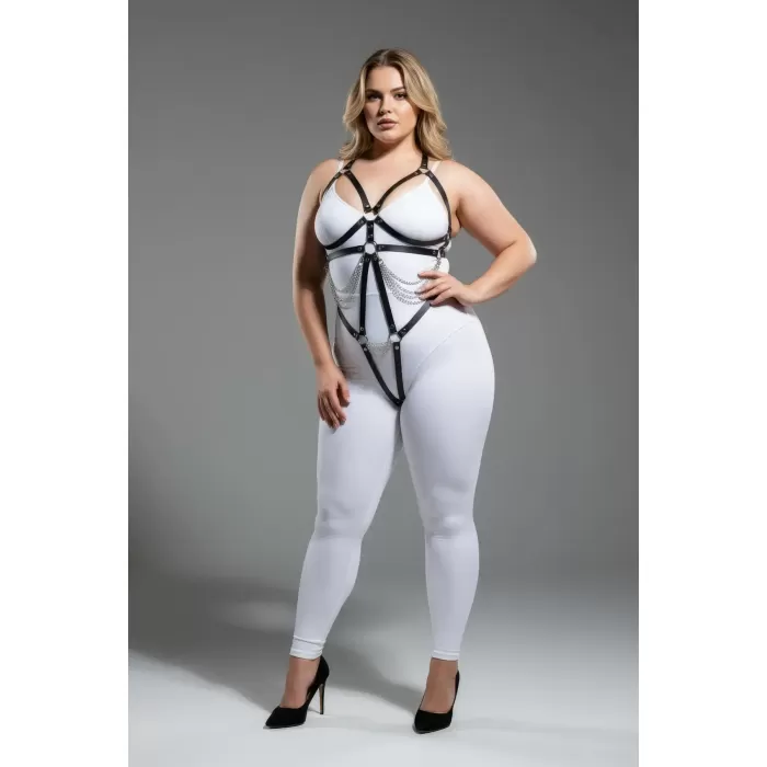 Büyük Beden Siyah Kadın Deri Harness Takım Zincir ve Halka Detaylı Fantezi Aksesuar - APFT441