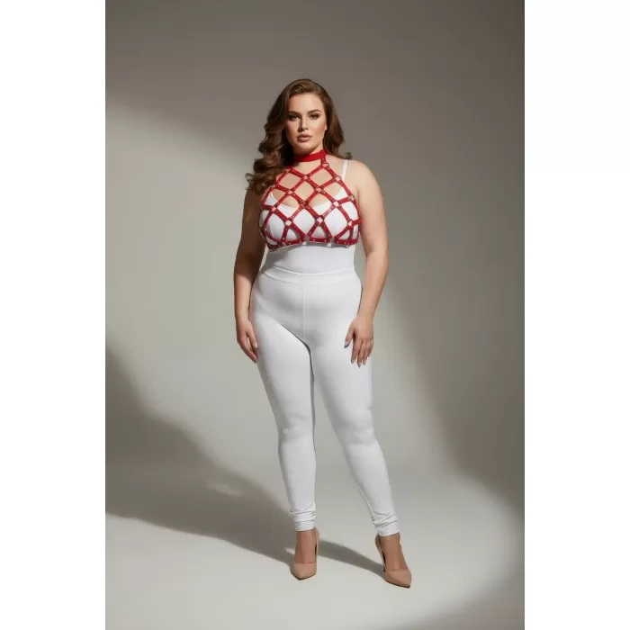 Büyük Beden Kırmızı Kadın Deri Harness Takım Çivi Detaylı Şık Aksesuar - APFT443