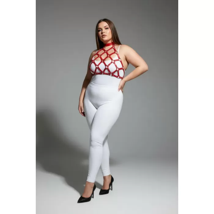 Büyük Beden Kırmızı Kadın Deri Harness Takım Çivi Detaylı Şık Aksesuar - APFT443