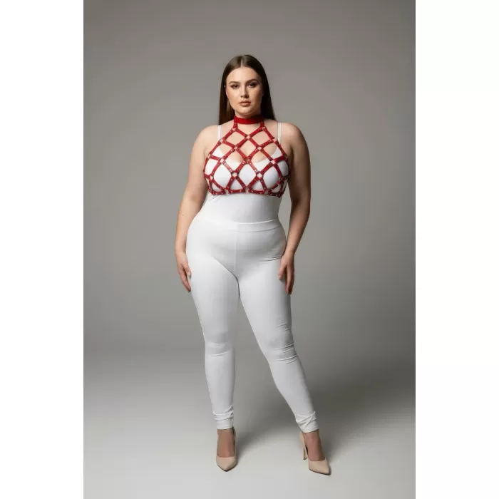 Büyük Beden Kırmızı Kadın Deri Harness Takım Çivi Detaylı Şık Aksesuar - APFT443