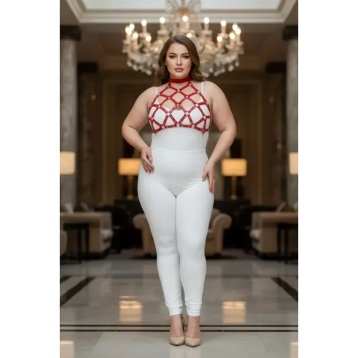 Büyük Beden Kırmızı Kadın Deri Harness Takım Çivi Detaylı Şık Aksesuar - APFT443