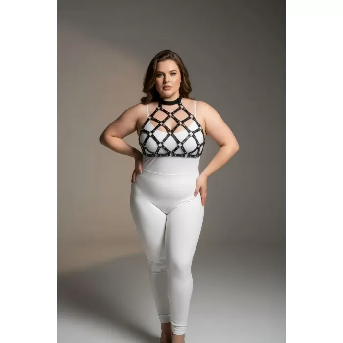 Büyük Beden Siyah Kadın Harness Takım Halka Detaylı Fantazi Deri Göğüs Aksesuarı - APFT443