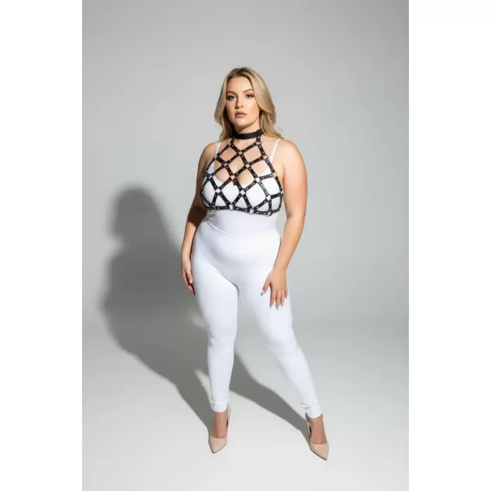 Büyük Beden Siyah Kadın Harness Takım Halka Detaylı Fantazi Deri Göğüs Aksesuarı - APFT443