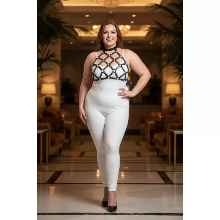 Büyük Beden Siyah Kadın Harness Takım Halka Detaylı Fantazi Deri Göğüs Aksesuarı - APFT443