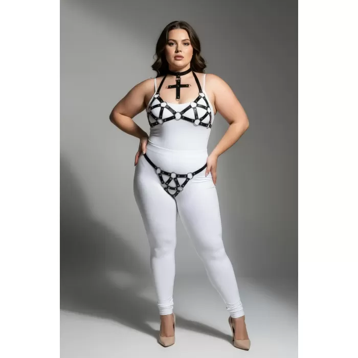 Büyük Beden Siyah Kadın Deri Harness Takım Halka Detaylı Şık Tasarım - APFT464