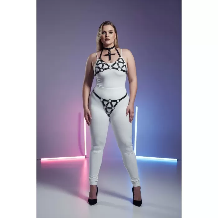 Büyük Beden Siyah Kadın Deri Harness Takım Halka Detaylı Şık Tasarım - APFT464