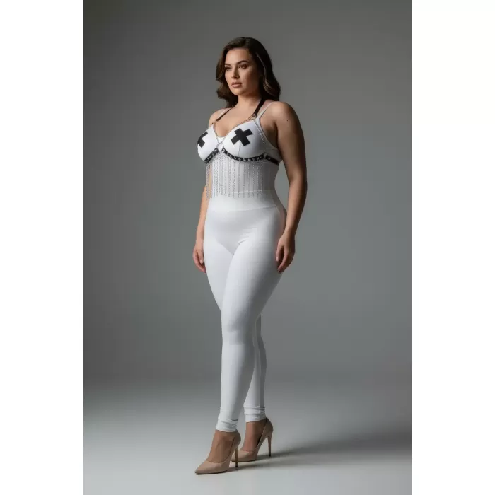 Büyük Beden Beyaz Kadın Harness Takım Zincir Detaylı Deri Fantezi Aksesuar - APFT477