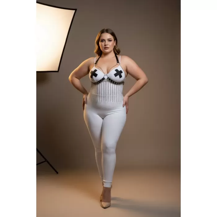 Büyük Beden Beyaz Kadın Harness Takım Zincir Detaylı Deri Fantezi Aksesuar - APFT477