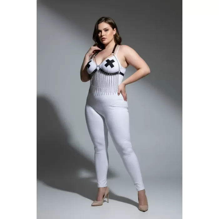 Büyük Beden Beyaz Kadın Harness Takım Zincir Detaylı Deri Fantezi Aksesuar - APFT477