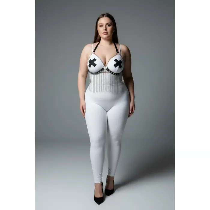 Büyük Beden Beyaz Kadın Harness Takım Zincir Detaylı Deri Fantezi Aksesuar - APFT477