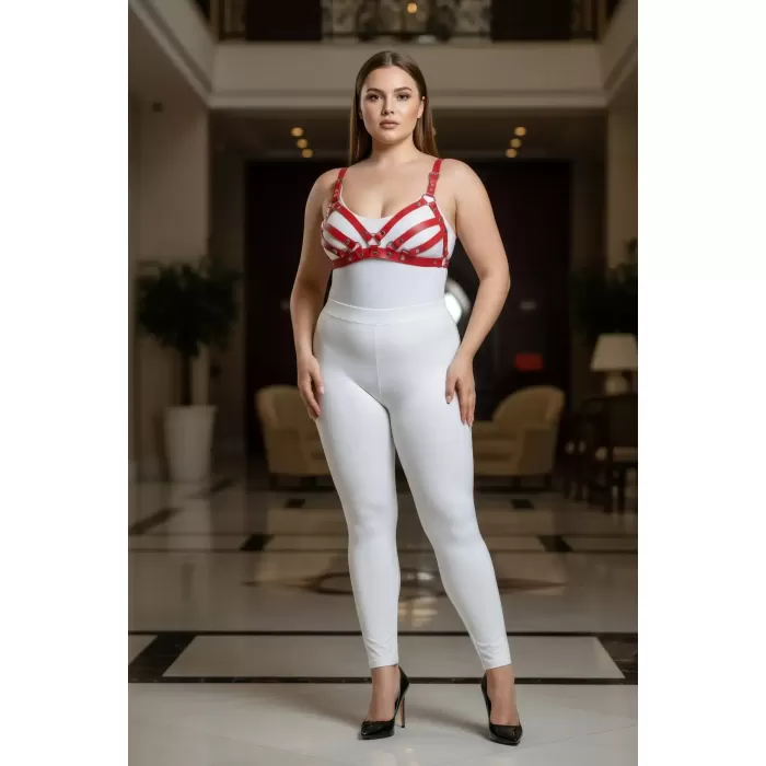 Büyük Beden Kırmızı Kadın Deri Sütyen Harness Takım Şık Fantazi Aksesuar - APFT733