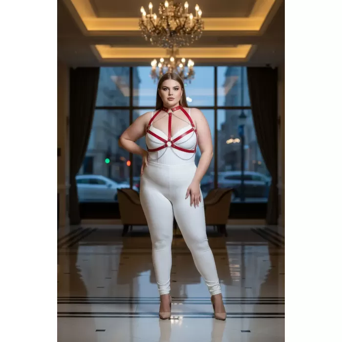 Büyük Beden Kırmızı Kadın Deri Harness Takım Zincir Detaylı Özel Tasarım - APFT796