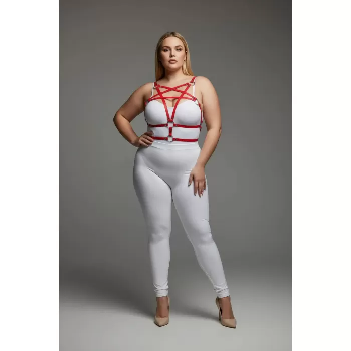 Büyük Beden Kırmızı Kadın Deri Harness Takım Halka Detaylı Fantezi Aksesuar - APFT821