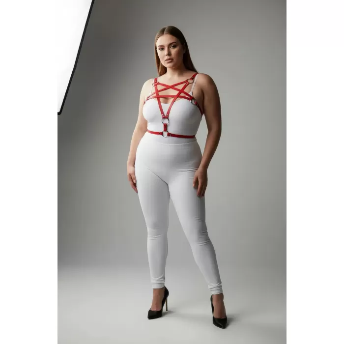 Büyük Beden Kırmızı Kadın Deri Harness Takım Halka Detaylı Fantezi Aksesuar - APFT821