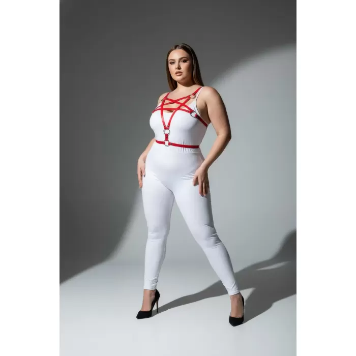 Büyük Beden Kırmızı Kadın Deri Harness Takım Halka Detaylı Fantezi Aksesuar - APFT821