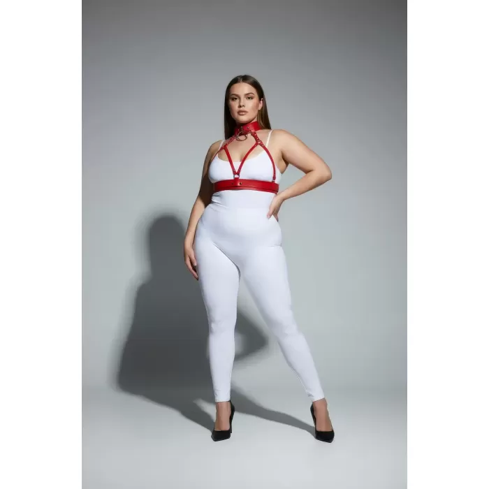 Büyük Beden Kırmızı Kadın Harness Takım Fantezi Deri Yaka Detaylı Vücut Aksesuarı - APFT841
