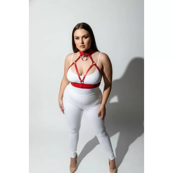Büyük Beden Kırmızı Kadın Harness Takım Fantezi Deri Yaka Detaylı Vücut Aksesuarı - APFT841