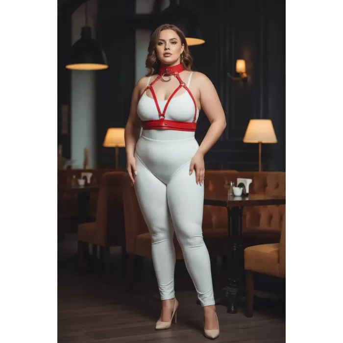 Büyük Beden Kırmızı Kadın Harness Takım Fantezi Deri Yaka Detaylı Vücut Aksesuarı - APFT841